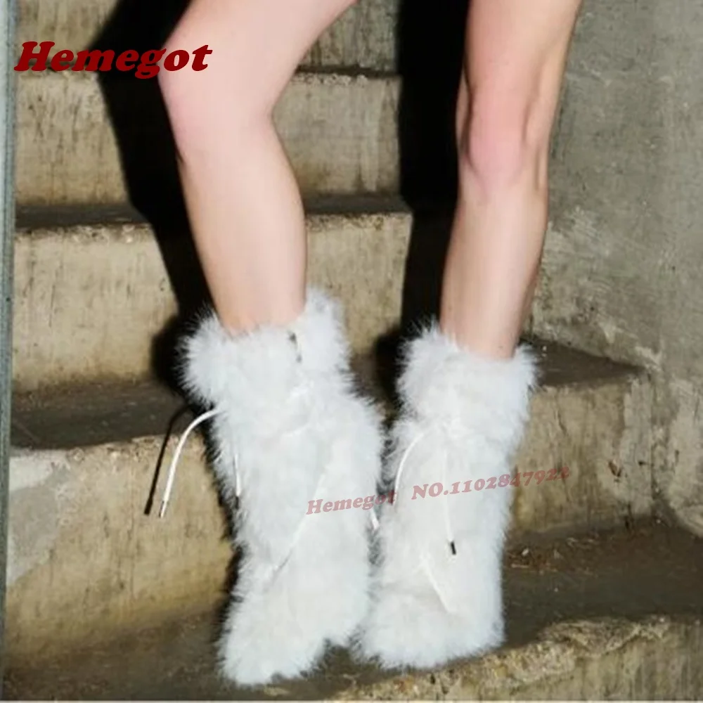 

White Fur Lace-Up Calf Boots Round Toe Thin Heels Side Zipper Winter Boots for Women Fluffy Solid Warm Shoes Patchwork Luxury