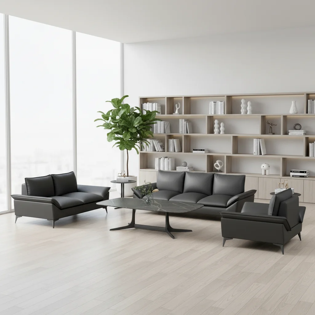 

Офисная зона отдыха с диванами, предназначенная для деловых встреч, совещаний и переговоров, с использованием черных кожаных офисных диванов.