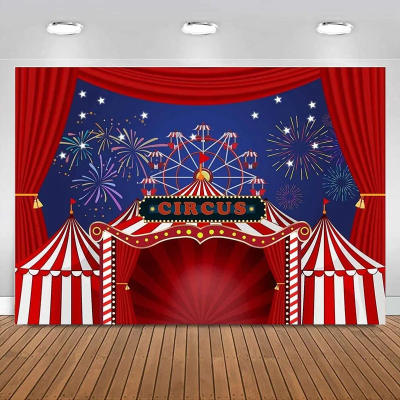 Red Circus Photography Backdrop Carnival Night Colorful Fireworks Sky Ferris Wheel Background Birthday Party Banner Decoration