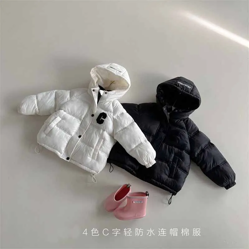 New Children's Glossy Thickened Jacket Boys Letters Warm Down Coat Winter Girls Short Cute Casual Fashion Outerwear 4-12Y