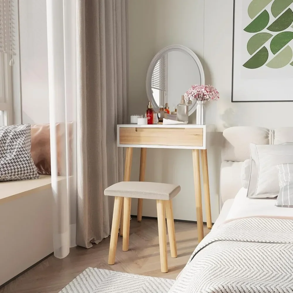 مكتب مكياج خشبي مقاس 24 بوصة مع مرآة وكرسي مضاء قابل للتعديل، مجموعة كاملة مع أدراج لخلع الملابس #3