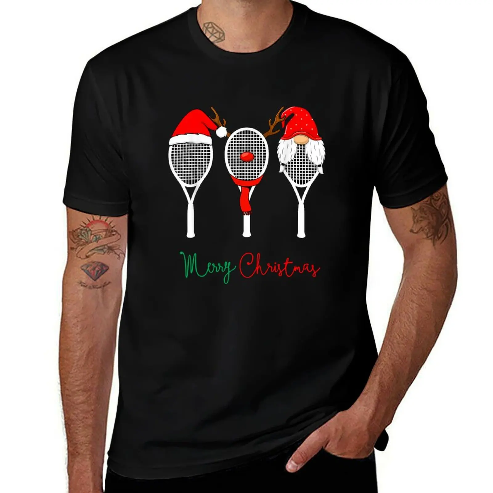 

Tennis Racket Wearing Xmas Hat Christmas Tennis Racket Lover T-Shirt graphic t shirts for man t shirt custom print
