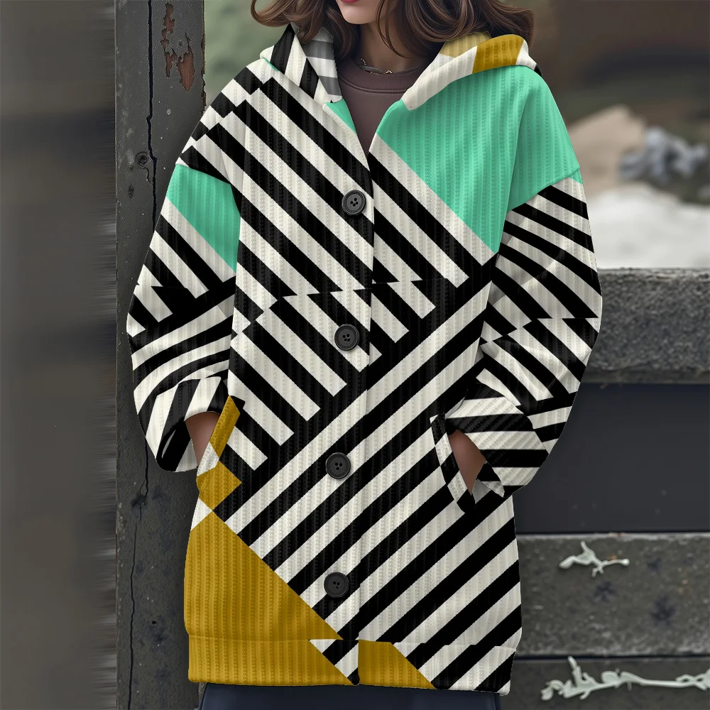 추상 기하학 캐주얼 여성용 스웨터 기하학적 줄무늬 긴팔 스웨터 불규칙한 라인 긴 스웨터