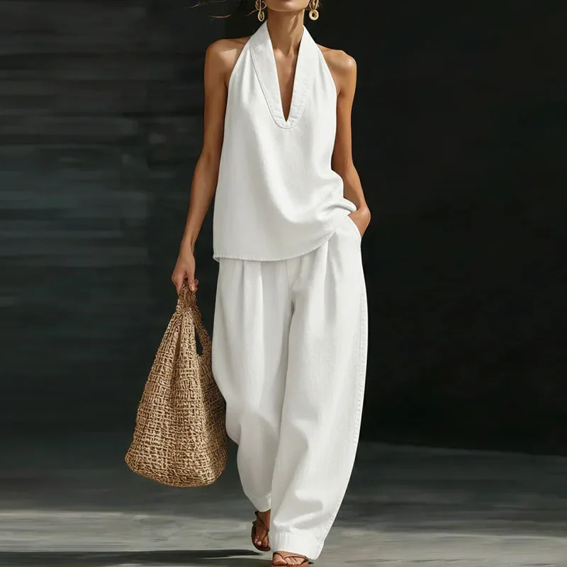 

Летний винтажный джинсовый комплект из 2 предметов: женский повседневный костюм с топом без рукавов и брюками, праздничный комплект, летний однотонный свободный наряд с вырезами