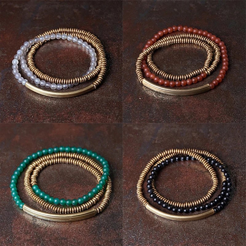 Colorful Stone Metallic Copper Handmade Bracelet Multi Row Female Male Jewelry Unique Retro Hippie Strand Wrist Bangle