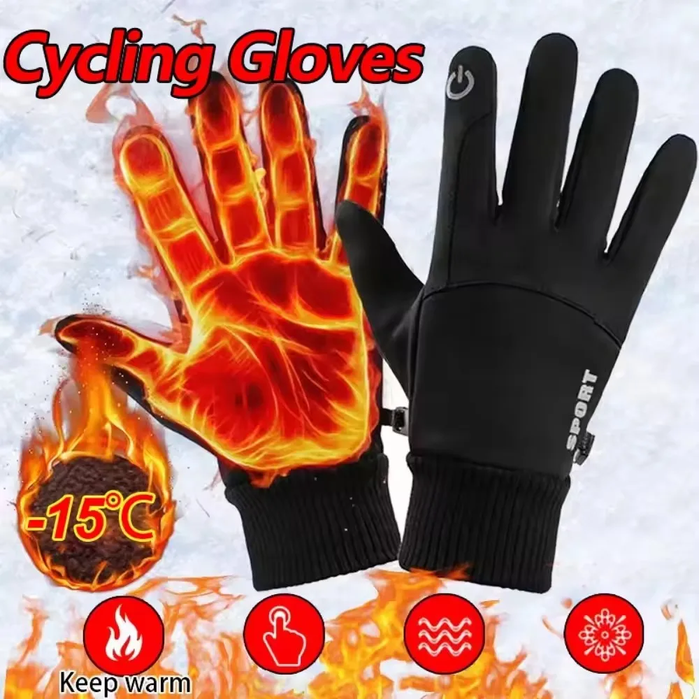 Winter Warm Full Finger Waterproof Cycling Gloves Touch Screen Compatible Fleece Lined Anti-slip for Outdoor Sports Running Ski