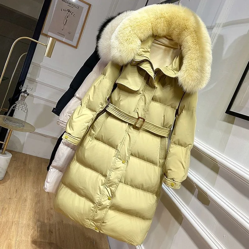2023 New Women Down Jacket Winter Coat Female Mid-length Waist Tightening Slimming Parkas Hooded Outwear Fur Collar Overcoat