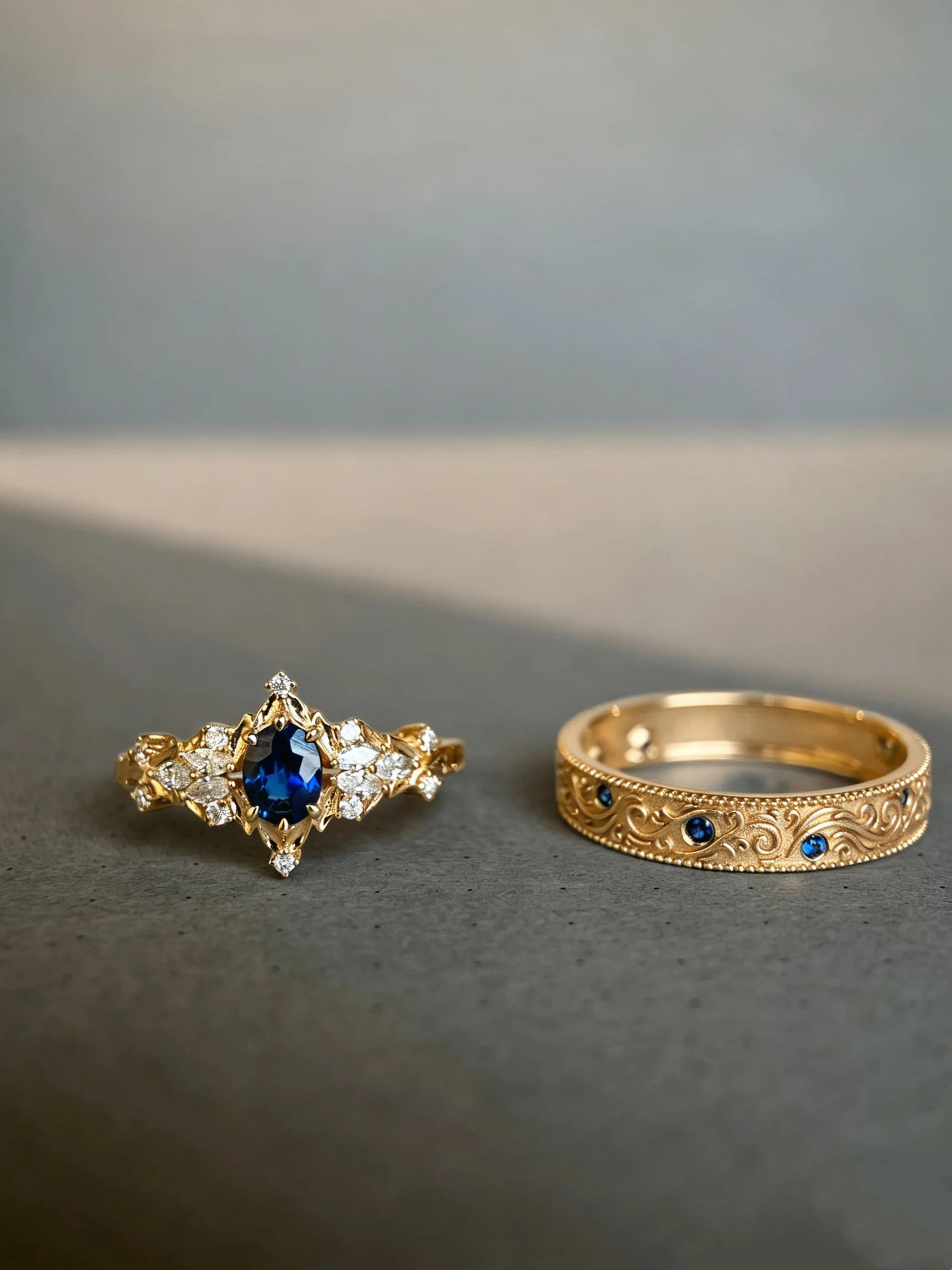 S925 Silver Plated 18K Gold Vintage Sapphire & Lab Grown Diamond Stackable Ring Set, Victorian Carved Pattern Two‑Piece Engageme