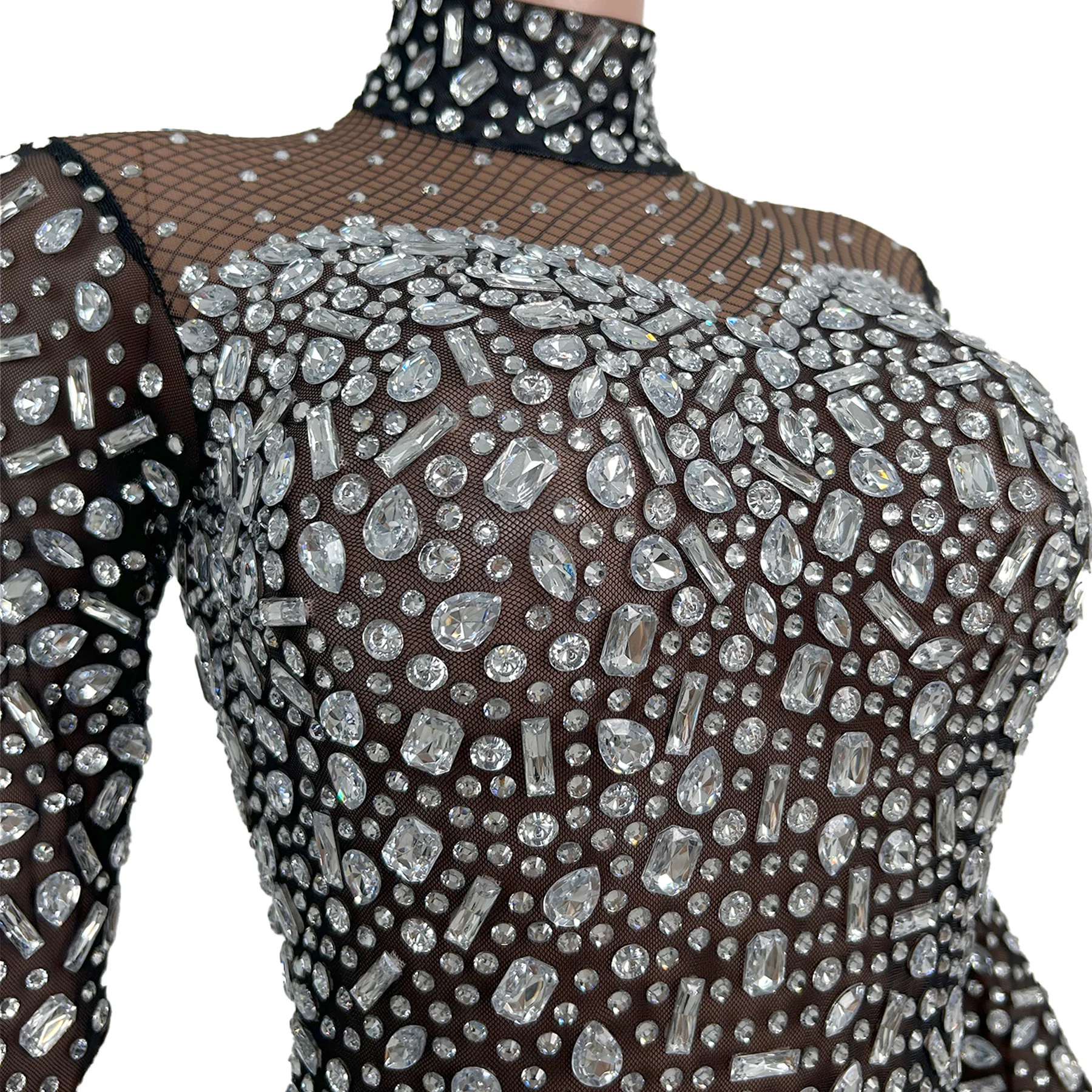 Tute con strass a maniche lunghe alla moda Tute aderenti con diamanti da donna Body da ballo Spettacolo Performance Body Abiti da festival