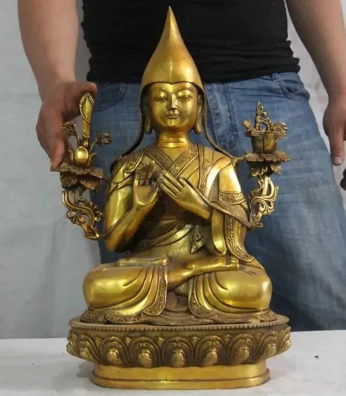 19 Tibet Buddhism Bronze Copper Gild Seat Lotus Je Tsongkhapa Buddha God Statue