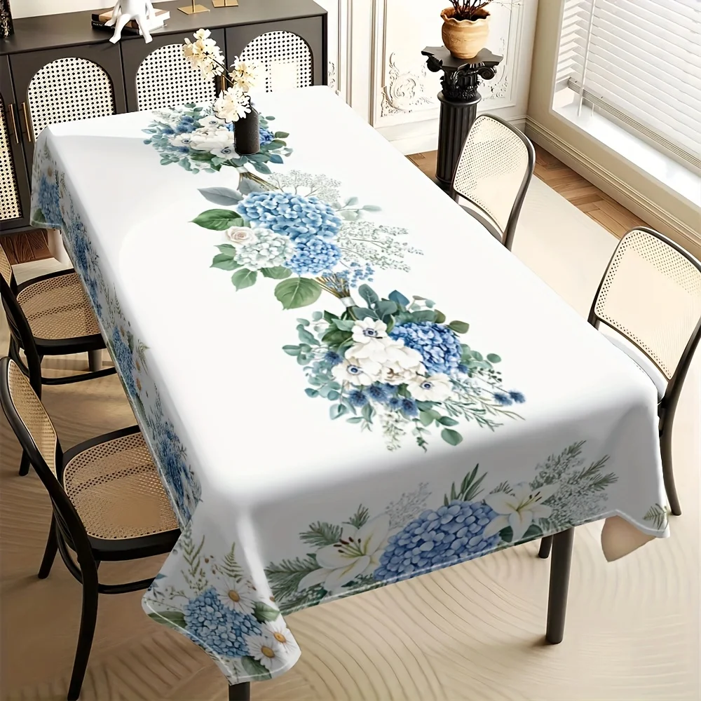 1pc Blue Hydrangea Pattern Tablecloth - Modern and Simple Table Decoration - Essential Home Item.PMJ