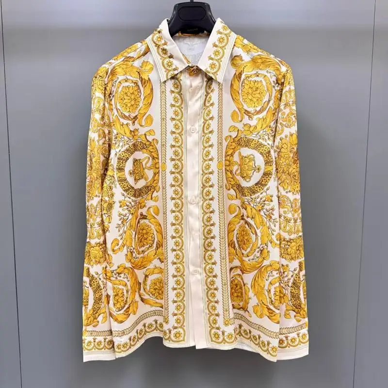

Spring Summer Baroque Print Silk Long Sleeve Men's Shirt Loose Luxury Fashionable Gold Flower Embroidery Breathable Casual Shirt