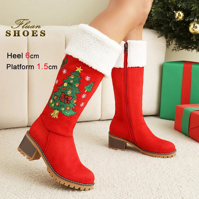 

Женские модные зимние теплые высокие сапоги на высоком каблуке 6 см с вышивкой, красные замшевые вечерние женские туфли для косплея, подходящие для Хэллоуина и Рождества