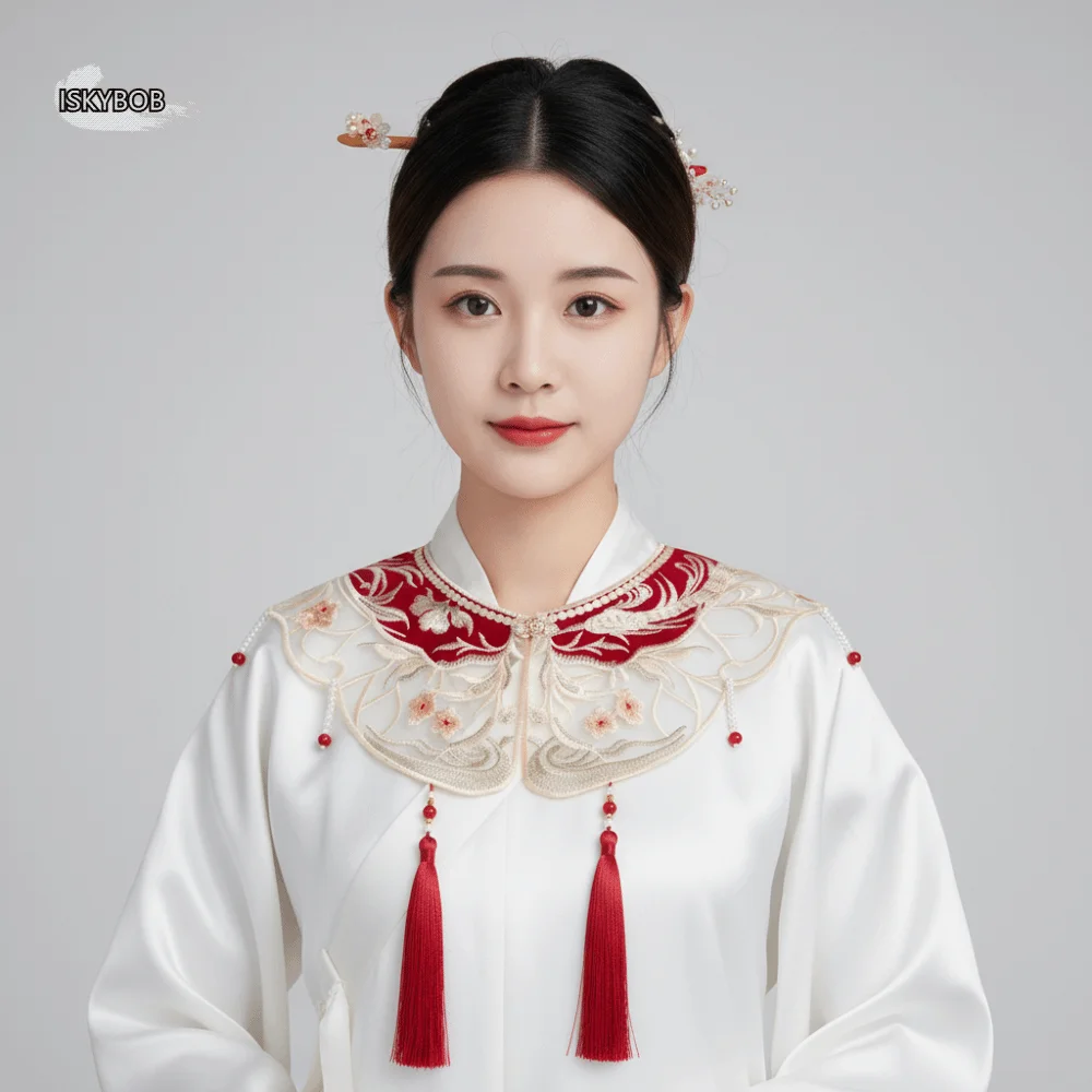 

Chinese Style Hanfu Collar Pearl Embroidery Design Embroidered Shawl Tassels Cloud Shoulder Detachable False Collar
