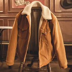 Maden Chaqueta masculina de pana con imitación de lana de oveja Otoño invierno Cuello vuelto cierre de un botón amarillo jengibre abrigada chaqueta masculina para actividades al aire libre estilo vintage hombre