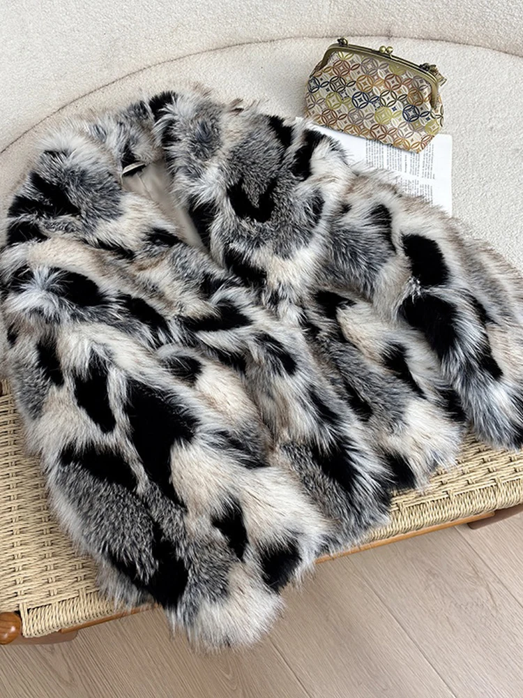Ladies Leopard Print Faux Fur Jacket Wide Turn Down Collar Fluffy Long Sleeve Short Coats Thick Warm Winter Streetwear Outerwear