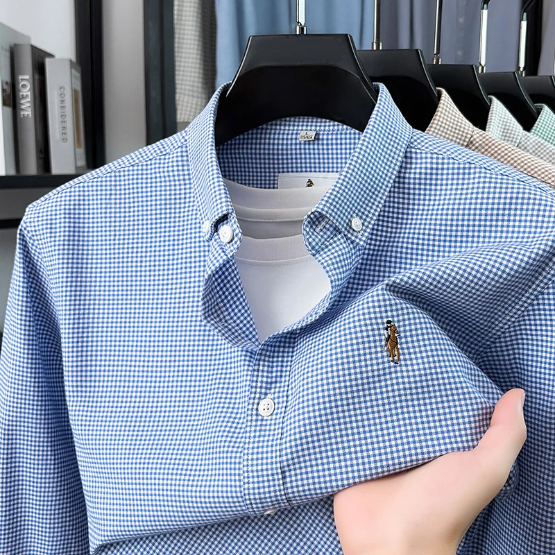 High end Brand 100% cotton long sleeve shirt men's fashion checkered new luxury pony embroidery casual comfort autumn golf top