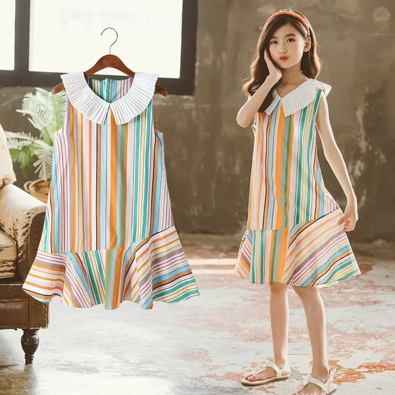 

2024 Korea Summer Children Girl Dress Junior Girl Ruffle Lapel Striped One-piece Dress Teenager Girl Sleeveless Lotus Leaf Dress