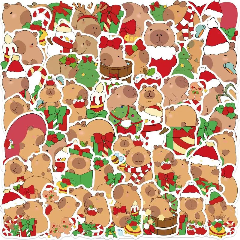 50Pcs Adorable Christmas Capybara Stickers Creative DIY Decor for Stationery Guitar Phone Notebook Kids Toys Gift