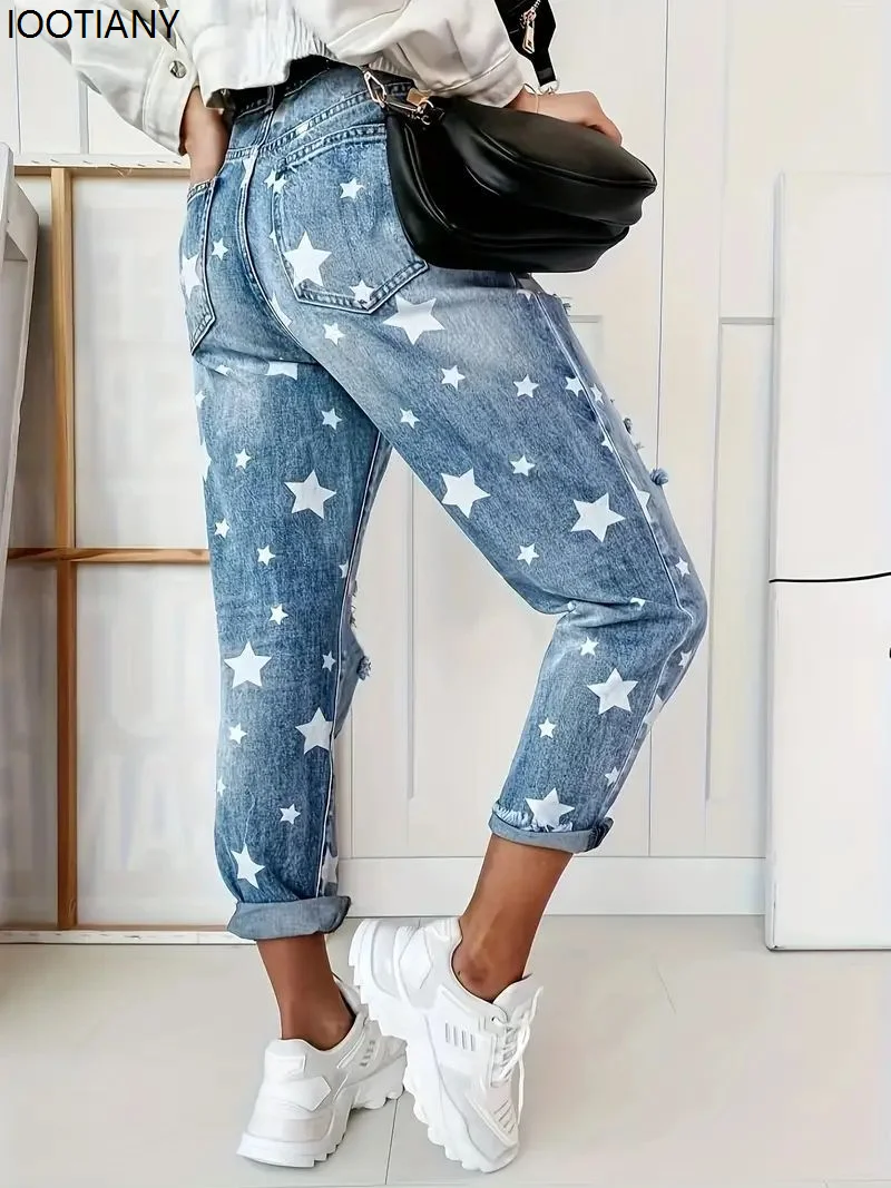 Yeni Erkek Arkadaşı Kot Kadın Slim Fit Yırtık Kot Moda Kadın Beş Köşeli Yıldız Yırtık Kot Sokak Rahat Mavi Kot 2025