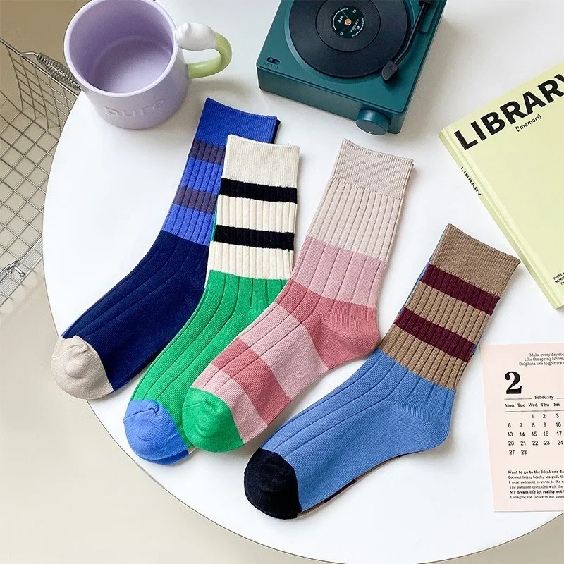 1 Pair Retro Korean Style Women's Socks Japanese Fashion AB Socks Mixed Color Striped Cotton Casual Crew Socks EU 35-40