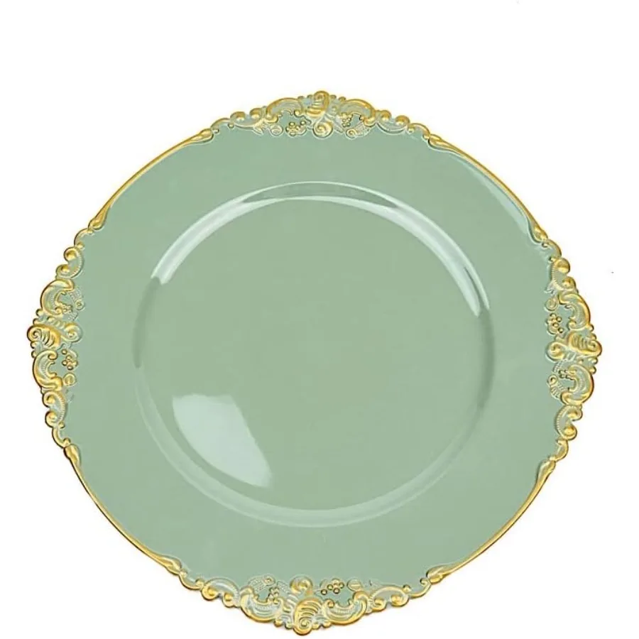 

24 pcs 13Inch Dusty Sage Round Charger Plates with Decorative Embossed Rim Dinner Wedding Reception Decorations Supplies