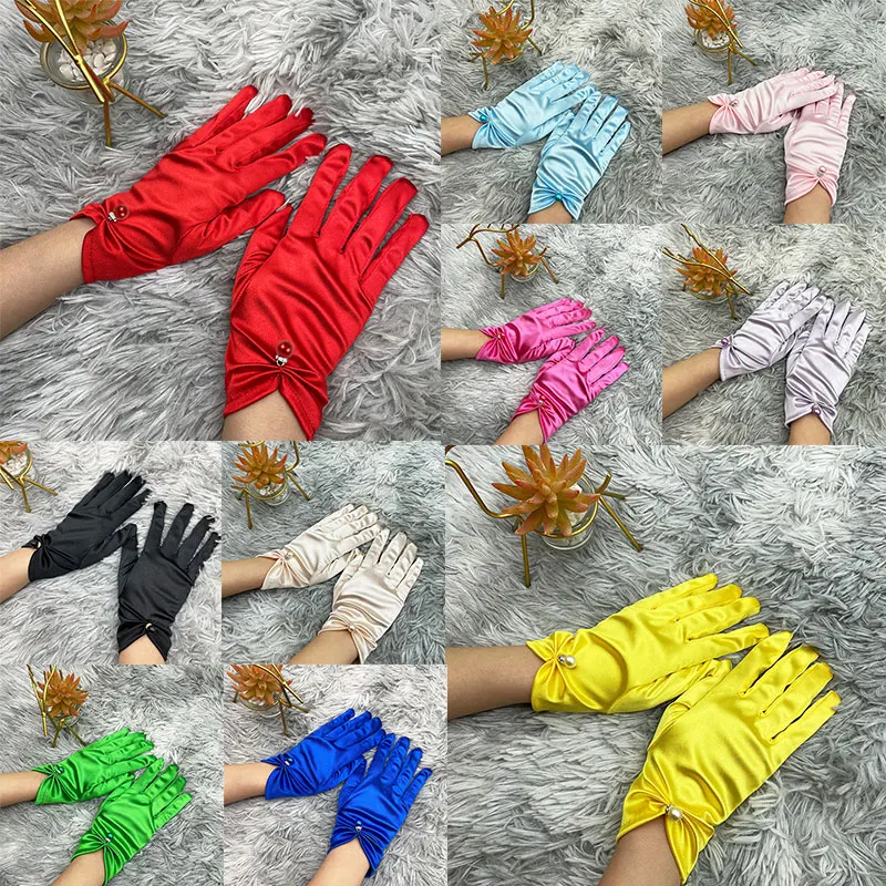 Multi-colored Stretch Satin Gloves For Children Birthday Party Dress Girls Wedding Gloves Kids Finger Pearl Bow Gloves