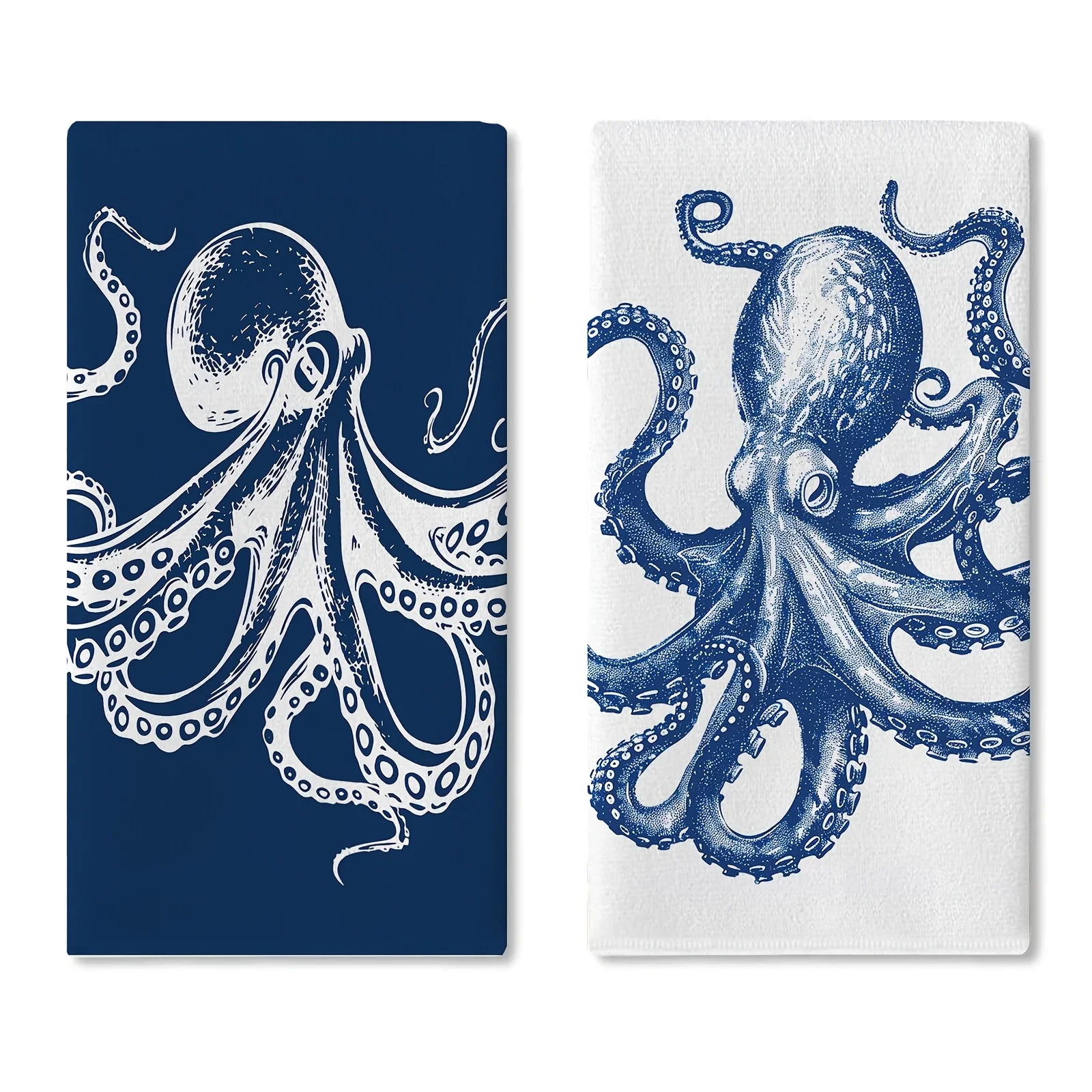 2-Piece set, nautical octopus themed kitchen towel set, blue beach coast marine life hand towel