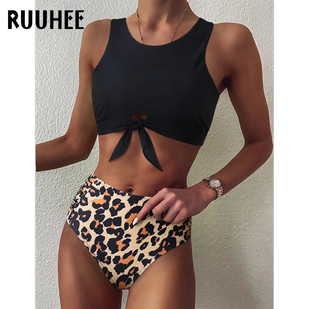 RUUHEE Two Pieces Swimsuit Women Bikini 2023 Leopard Knotted High Neck Sport Tops Swimwear Women Ruched High Waist Bikini Set