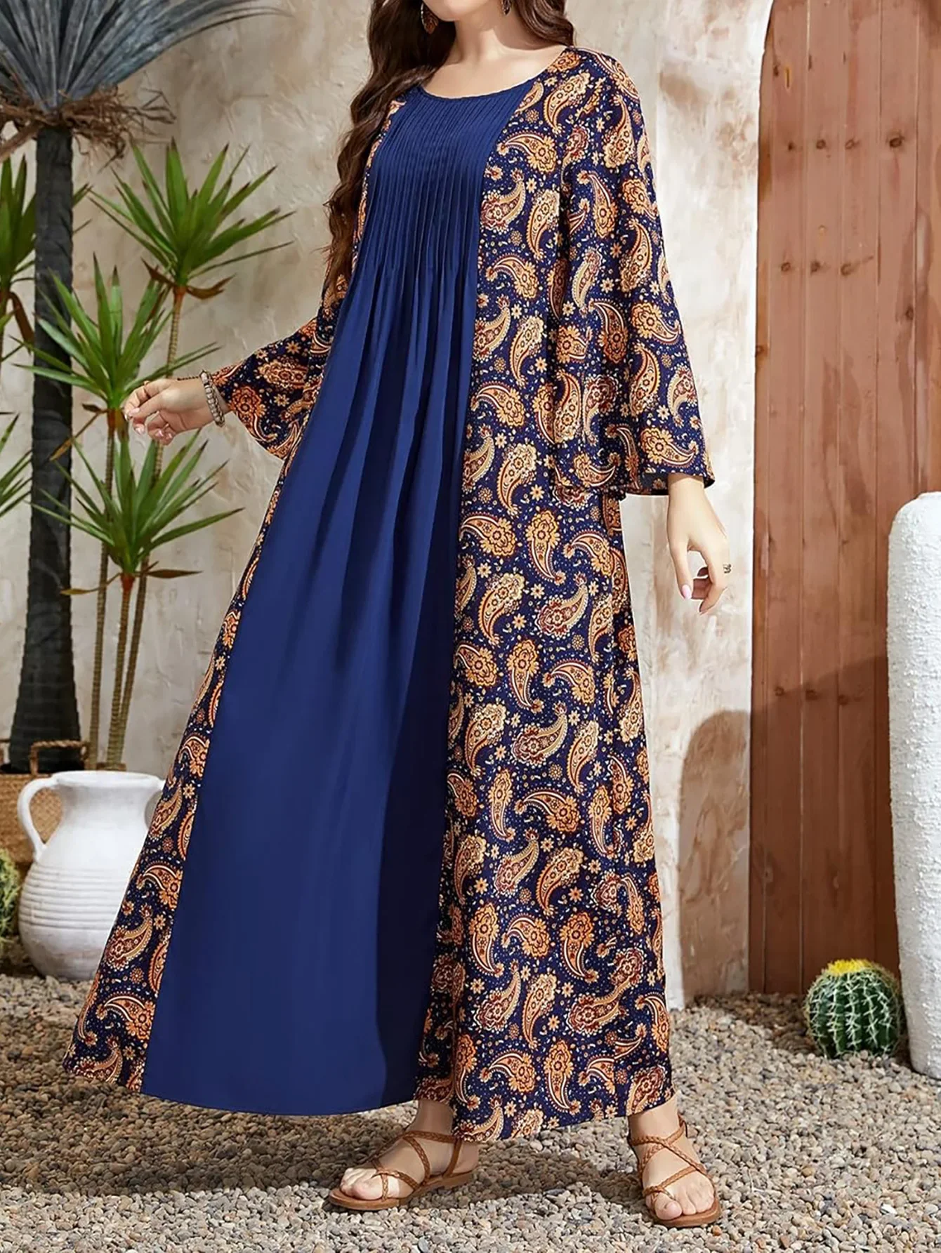 

Bohemian Floral Printed Muslim Dress Woman Long Sleeve O-Neck Dresses Elegant Party Maxi Robe Vintage Abaya Sundress Vestidos