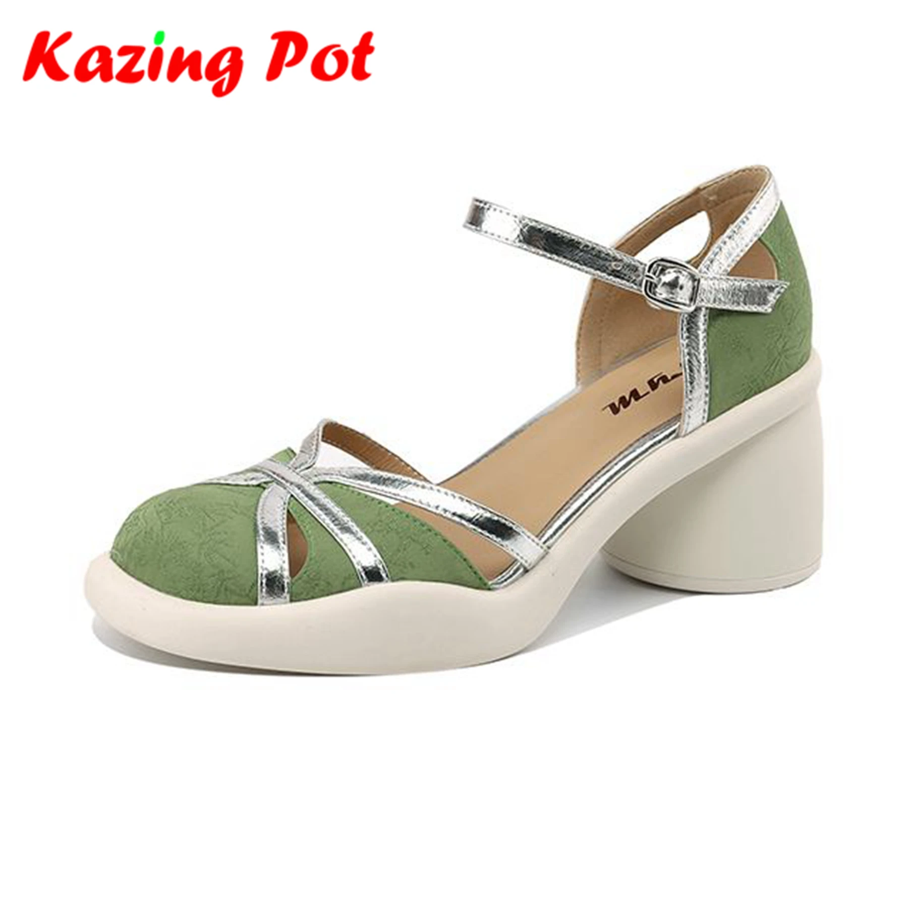 

Krazing Pot Cow Leather Shallow Hollow Decorations Chunky Round High Heels Leisure Office Lady Elegant Dress Lady Women Pumps