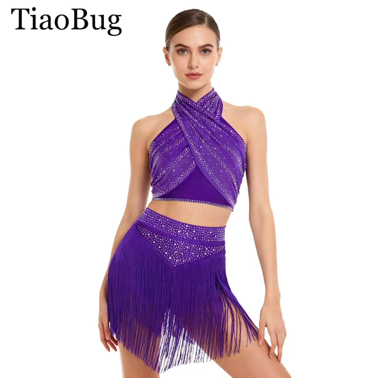 

Women Tassel Latin Dance Costume Ballroom Tango Cha-Cha Dancewear V-Neck Sleeveless Rhinestones Crisscross Back Crop Top +Skirt