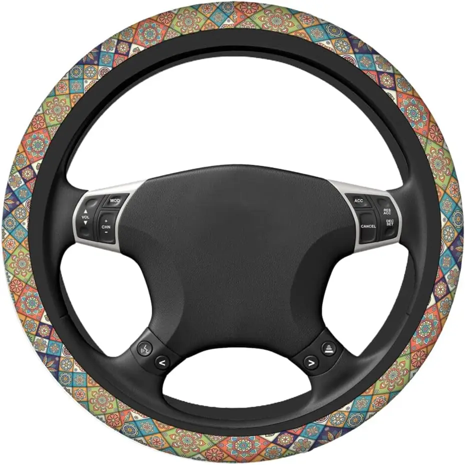 Oriental Tile Luxury Car Steering Wheel Cover Colorful Floral Patchwork Background Safe Driving Anti-Slip Steering Wheel C