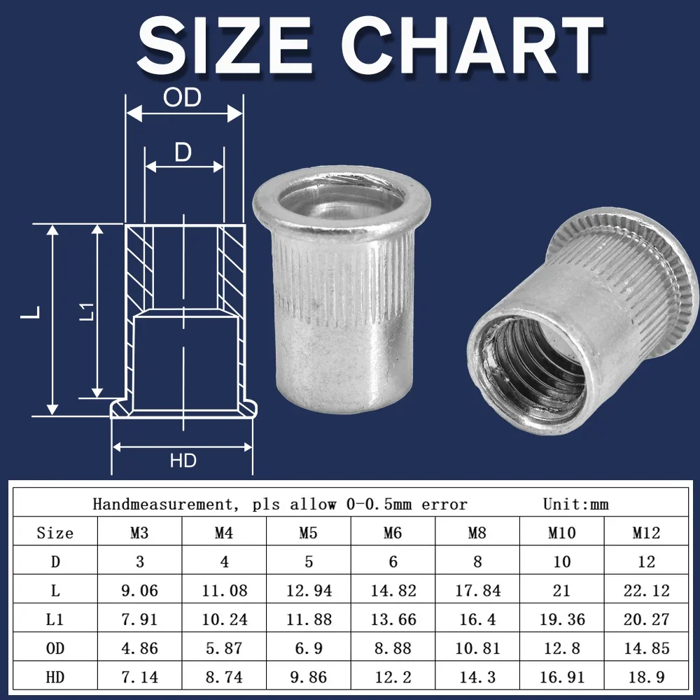 M3 M4 M5 M6 M8 M10 M12 Aluminum Alloy Rivet Nut Flat Head Threaded Knurled Nut Cap Rivet Nut Metric Threaded 5/10/15/20/30/50PCS