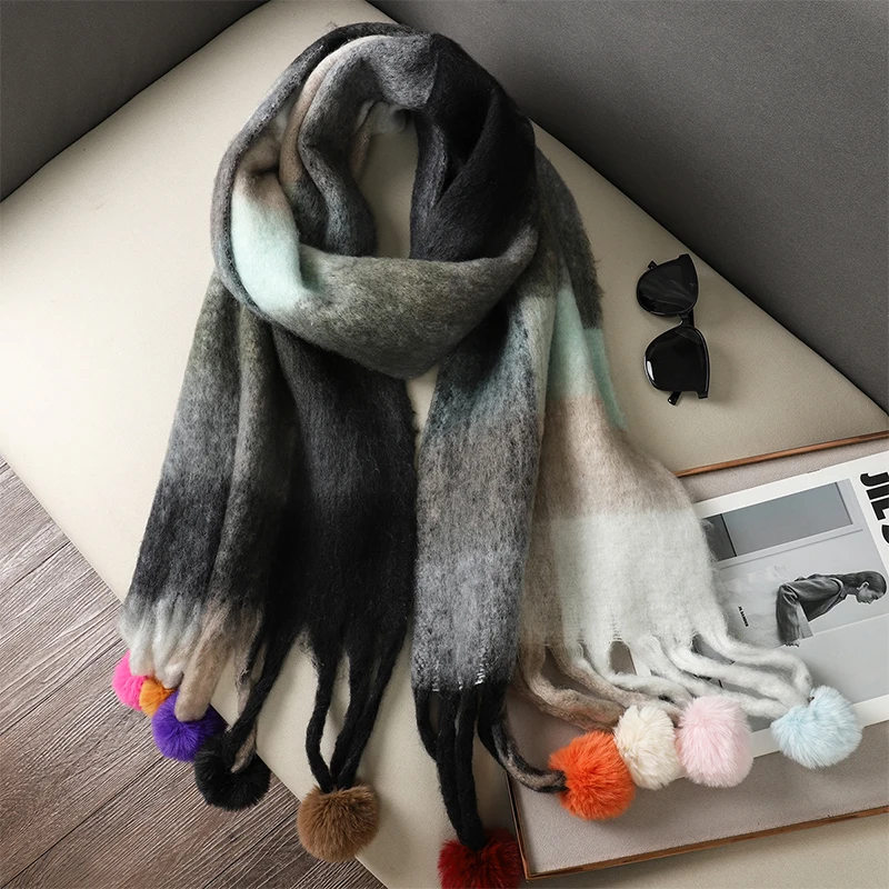 Winter Thick Warm Scarf Women Cashmere Shawl and Wraps Pashmina Neckerchief Bufanda Female Rainbow Hairy Tessel Echarpe New