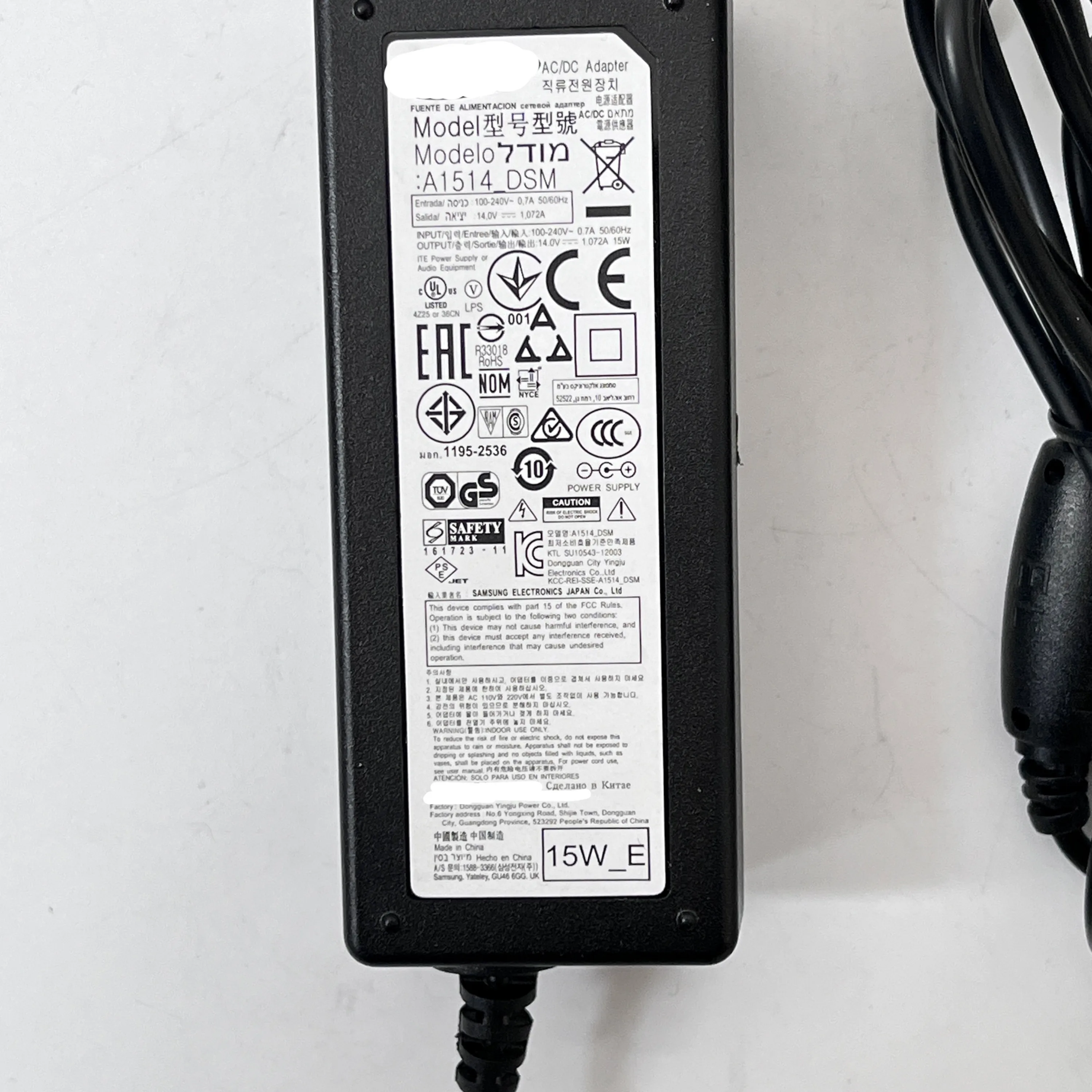 Original Display AC/DC Adaptador Carregador de Alimentação, Monitor Carregador de Alimentação, 15W, BN44-00718A, A1514 _ DSM, S19C150NS, LTM1555B, 14V, 1.072A