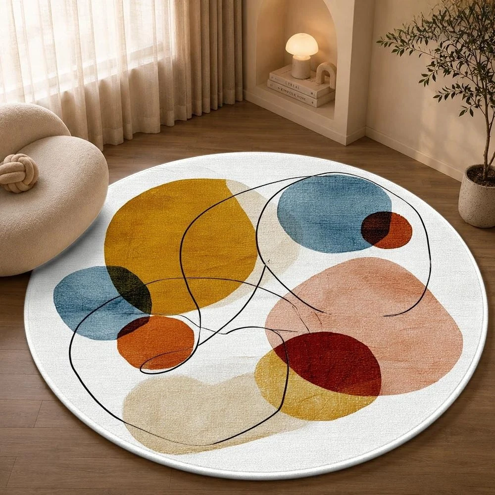 Mid Century Abstract Geometric Round Rug  Color Block Blob Line Art Circular Mat Non Slip Living Room Chair Decor Carpet