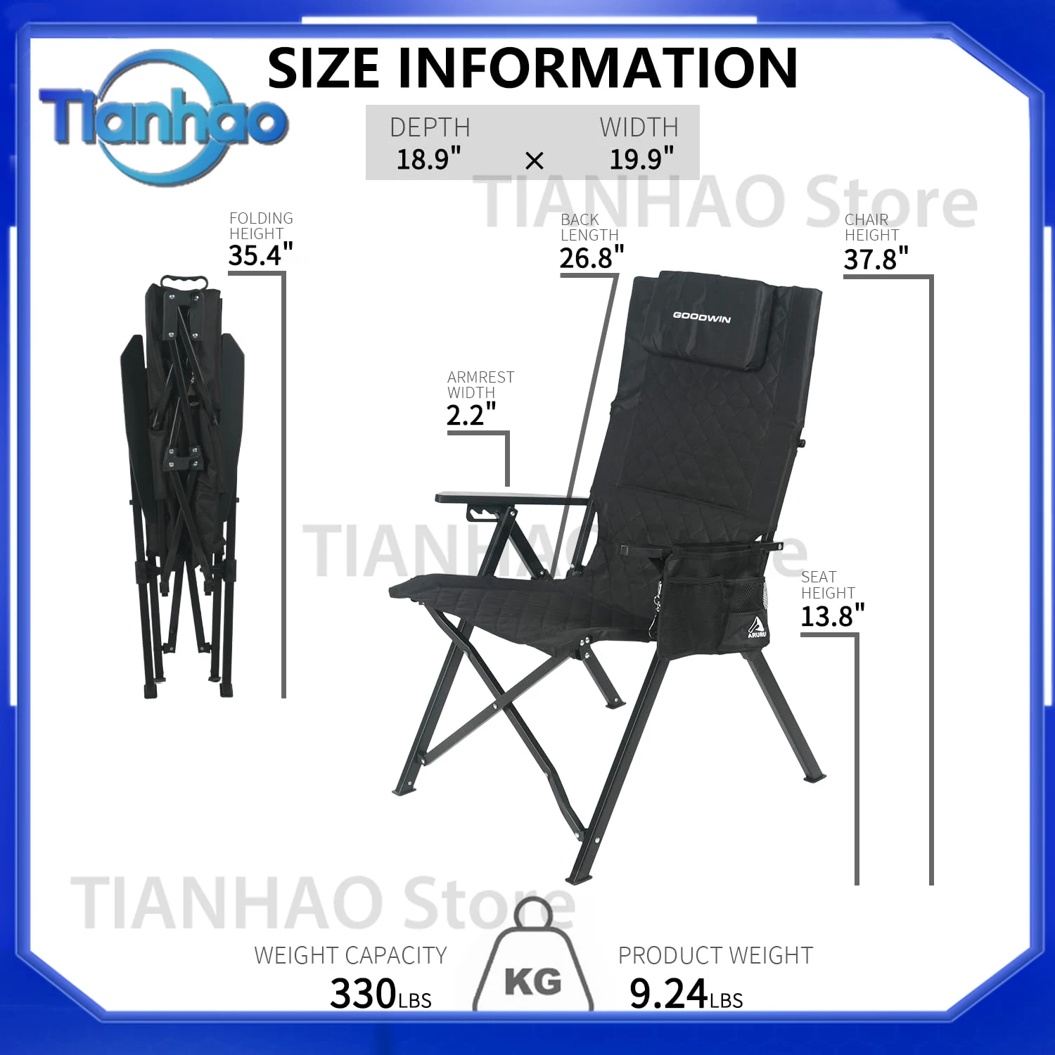 Foldable Camping Chair Made of Oxford Fabric Heavy Duty with 330 lbs Weight Capacity Cup Holder and Side Pocket for Outdoor