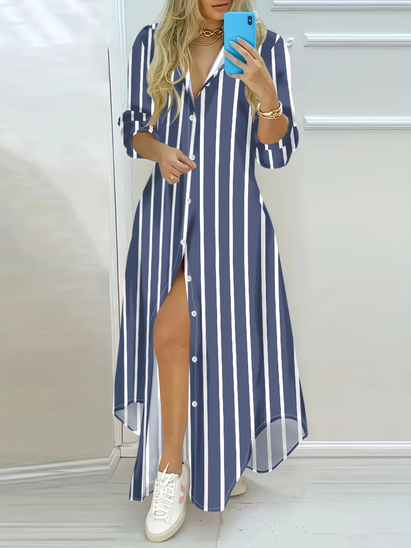 Langärmliges Kleid für Damen, lässig, einfarbig, A-Linie, Midikleid, Herbst- und Wintermode, elegante Bürokleidung, bequem, dehnbar