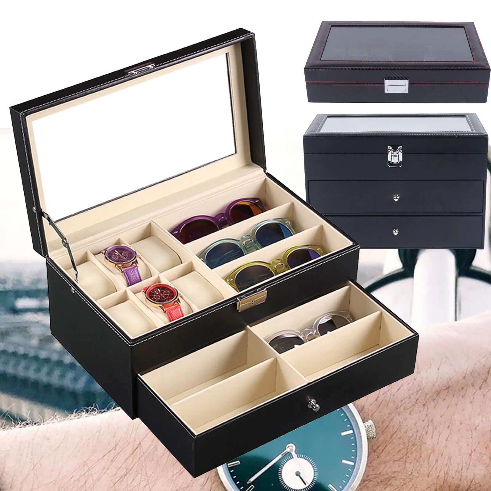 3-Layer Jewelry Display Case 24 Slots Sunglasses Watch Glass Jewelry Ring Display Box Black  NEW