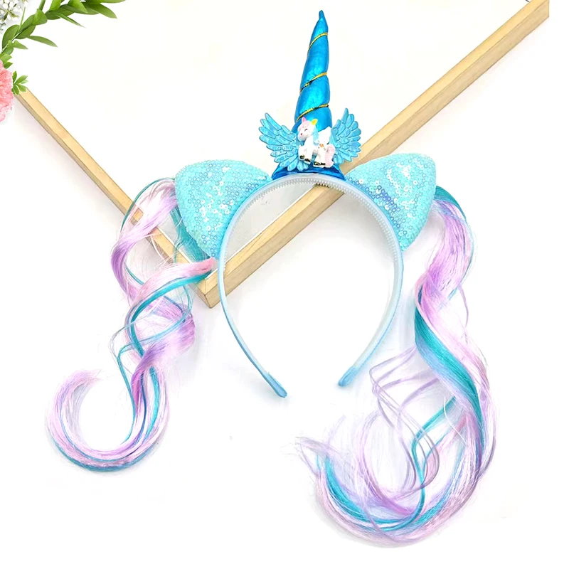 1Pcs Fashion Wig Ribbon Cartoon Cute Unicorn Hairbands Hair Hoop For Women Girls  Hair Accessories Headwear