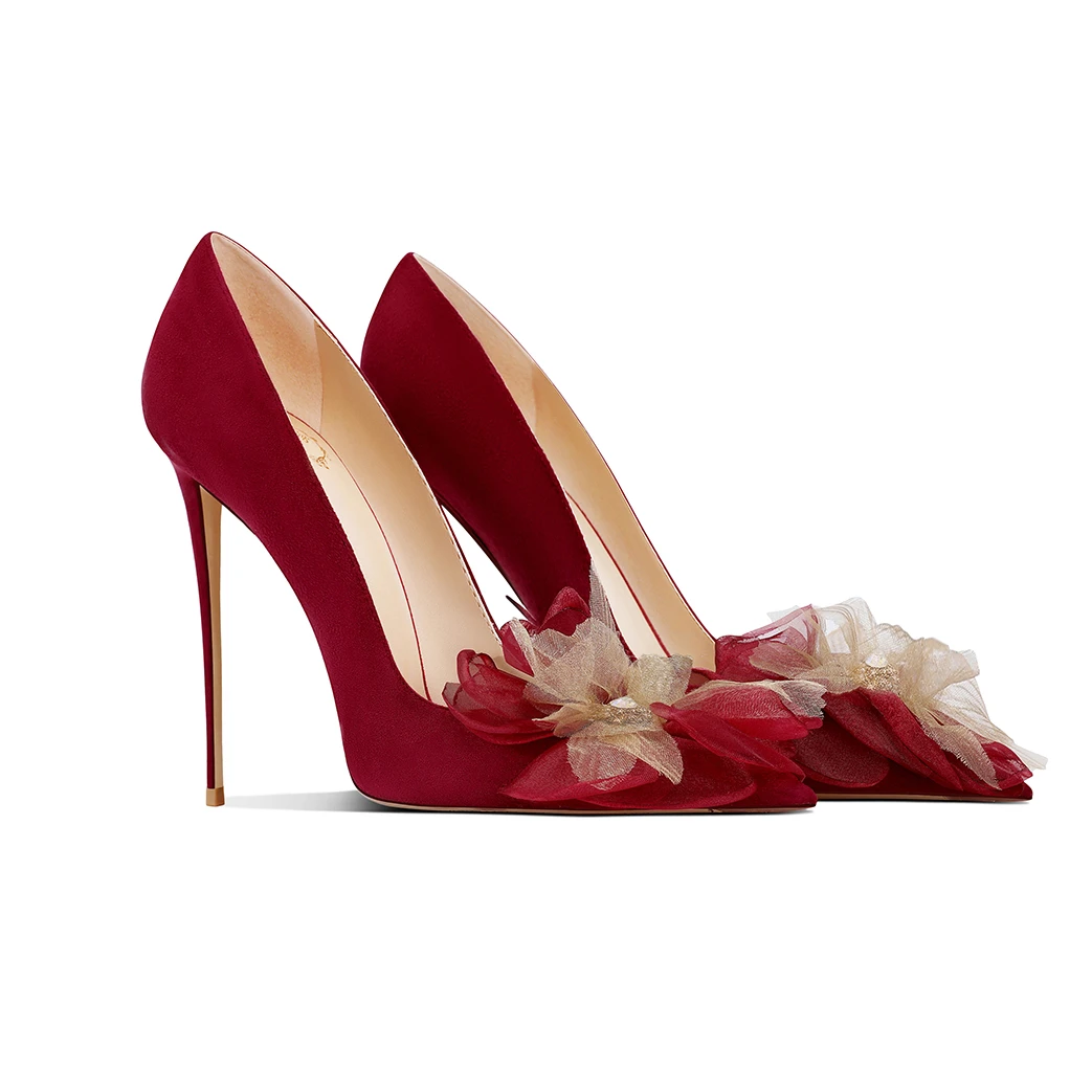 

Women's Genuine Leather Burgundy High-heeled Shoes Pointed Toe Stiletto Heel 2025 Spring New French Fairy Style Women Pumps