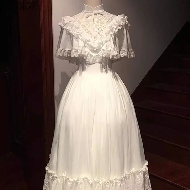 

2025 coffee break French white bubble sleeve dress children summer fugitive princess vintage white dress