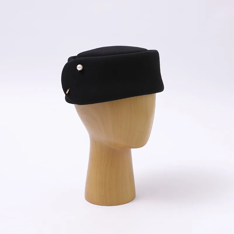 Pure Wool French Elegance Hard Top Flat Pillbox Hats for Women Autumn Winter Pearl French Elegant Beret Evening Fedora Cap Boina