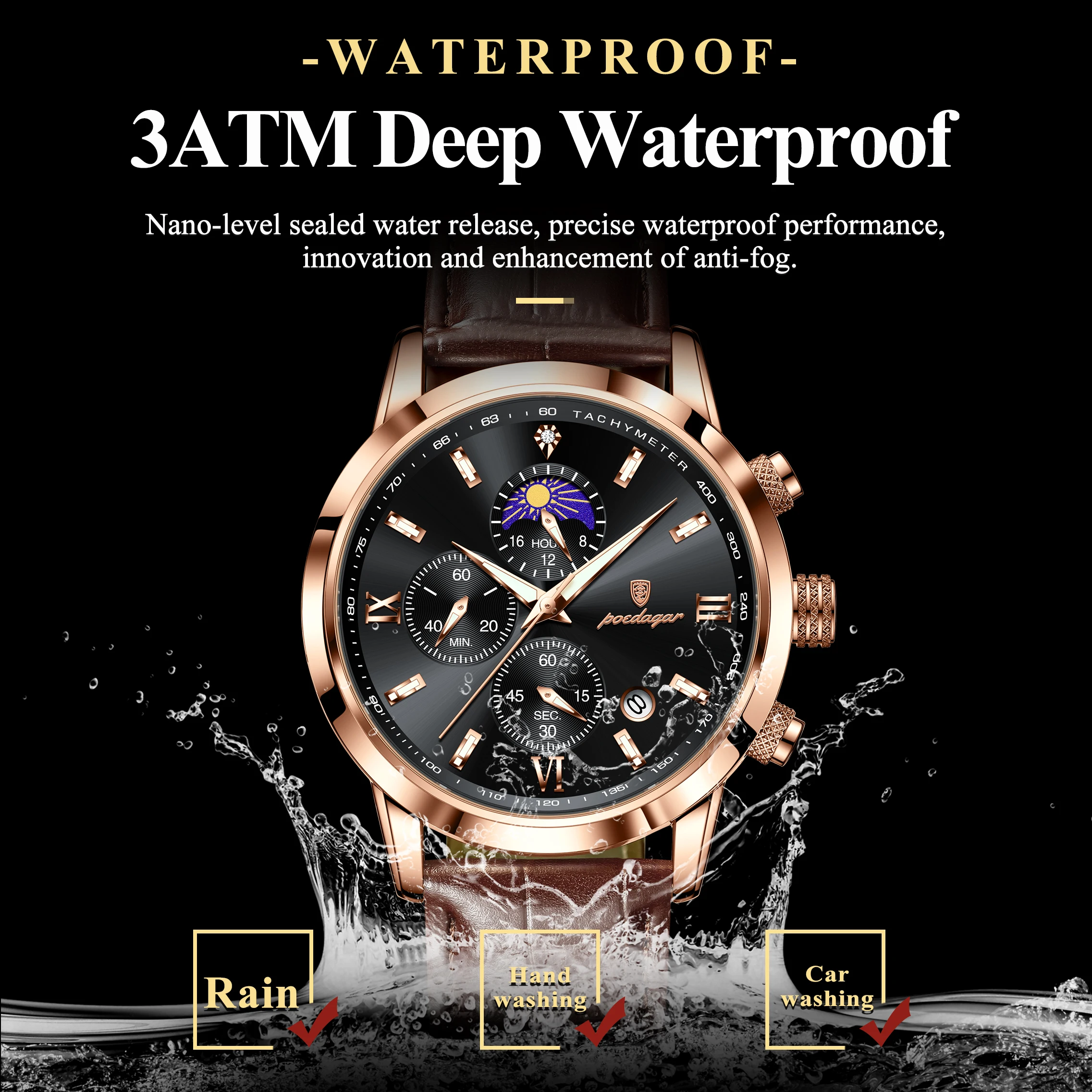 POEDAGAR الأصلي رجال الأعمال ساعة اليد كرونوغراف تاريخ مضيئة مقاوم للماء رجل ساعة جلدية فاخرة ساعات كوارتز للرجال #3