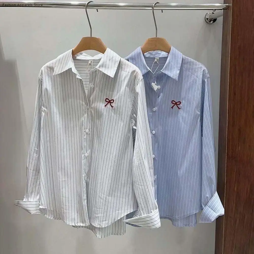 

Y2K Striped Button Up Shirts Preppy Style Embroidery Bowknot Stripe Blouse Women Spring Autumn Loose Long Sleeve Blouse Female