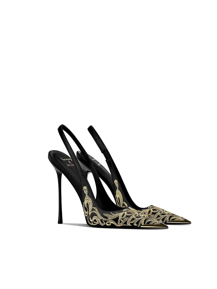 Spring and summer new gold embroidery pattern pointed toe back trip strap sandals banquet large size stiletto heels women's shoe