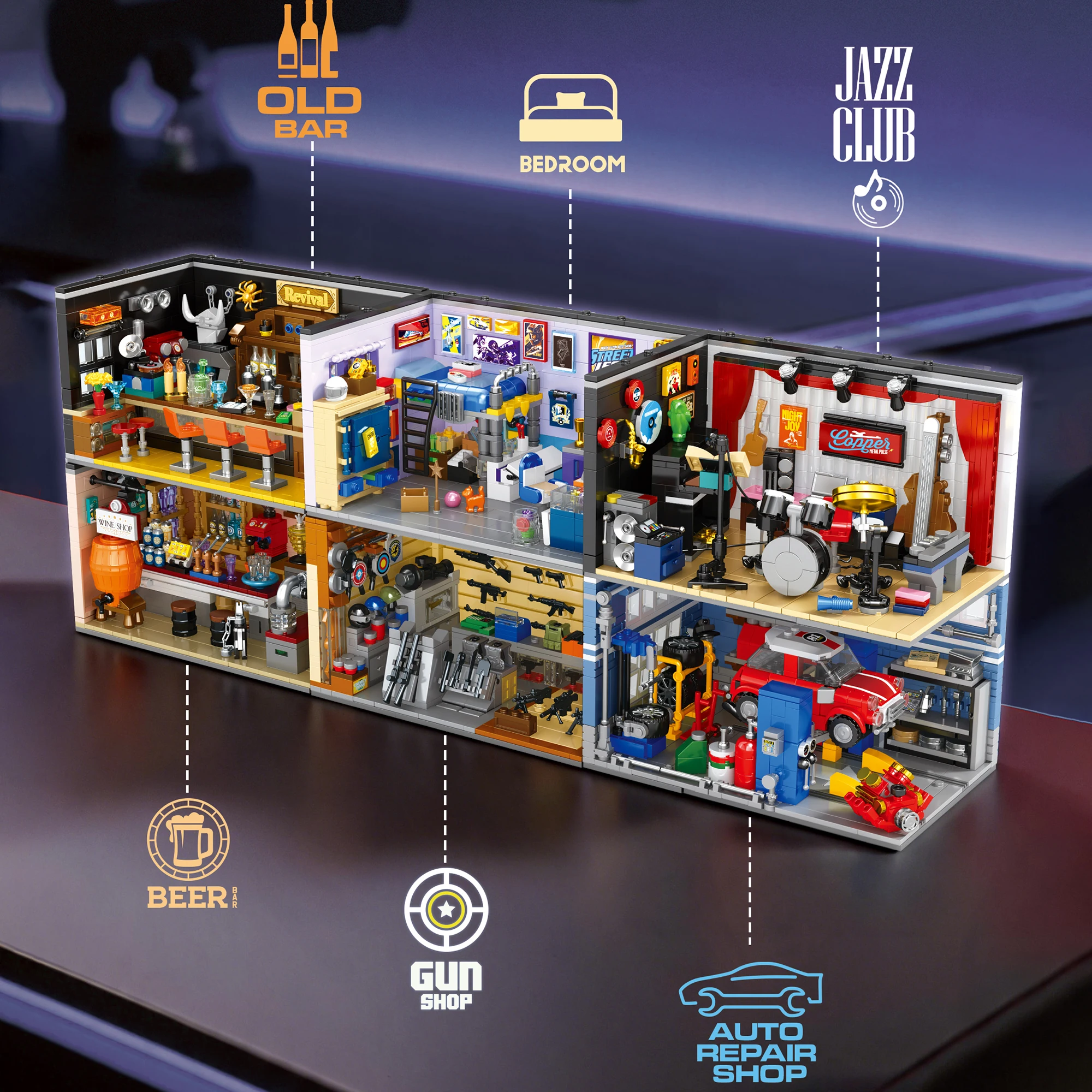 6 in 1 Triangular Scenes Building Blocks Garage Jazz Club American Bar Craft Beer Bar Bedroom Modular Bricks Toys for Adult Gift