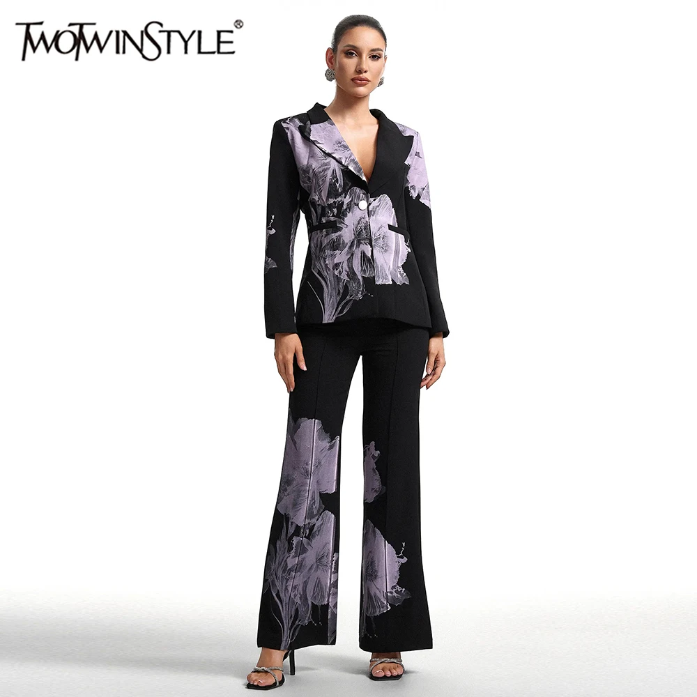 

TWOTWINSTYLE Slimming Printing Two Piece Sets for Women Lapel Long Sleeves Tunic Blazer High Waist Flare Pants Set Female New