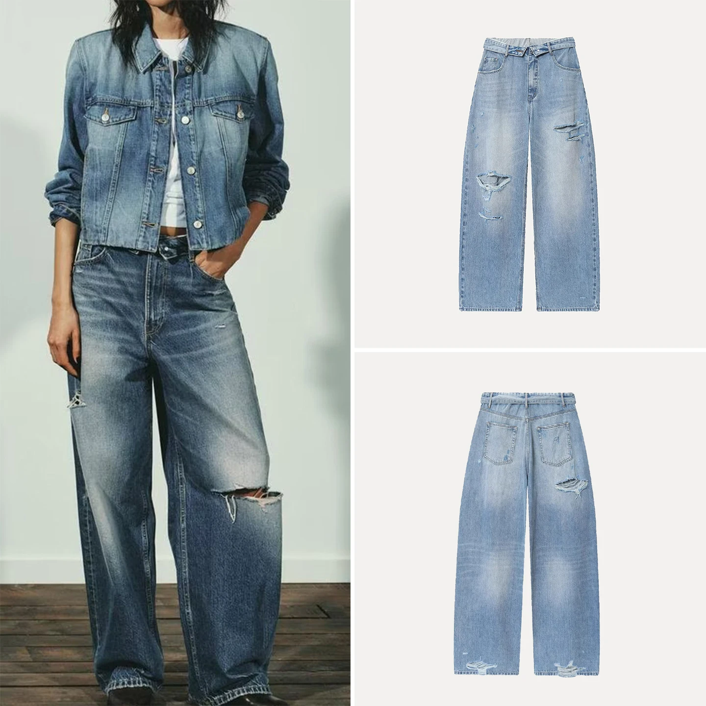 

Zadata Women's Jeans Mid-Waist Flared Body Distressed Denim Standard Fit Micro Stretch Natural Waist Hole Detailing